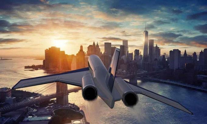 Mô phỏng máy bay Spike Aerospace bay phía trên thành phố.